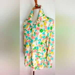 VINTAGE FLORAL POLY BLOUSE WITH PEARL BUTTONS
